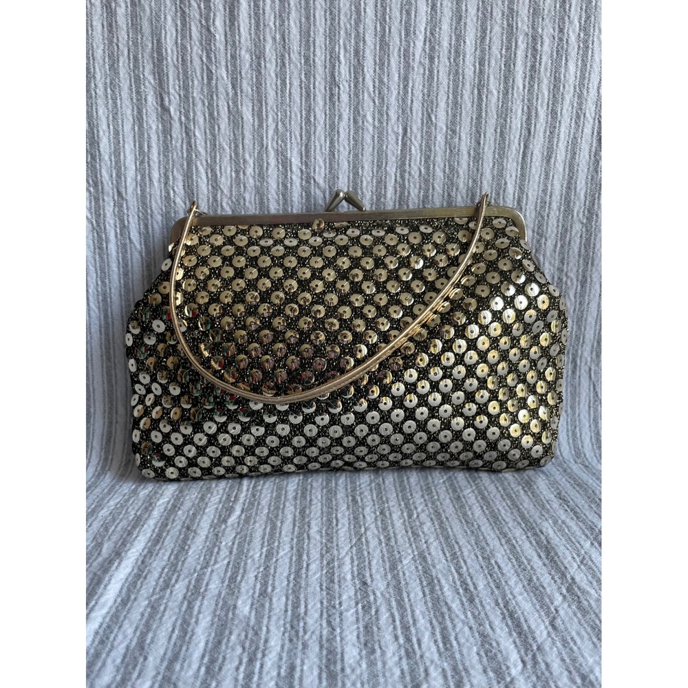 Vintage Clothfair of London Sequin Evening Bag Gold Black Metallic Kiss Lock